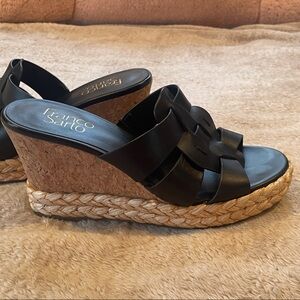 Franco Sarto Black and Tan Wedge Sandals